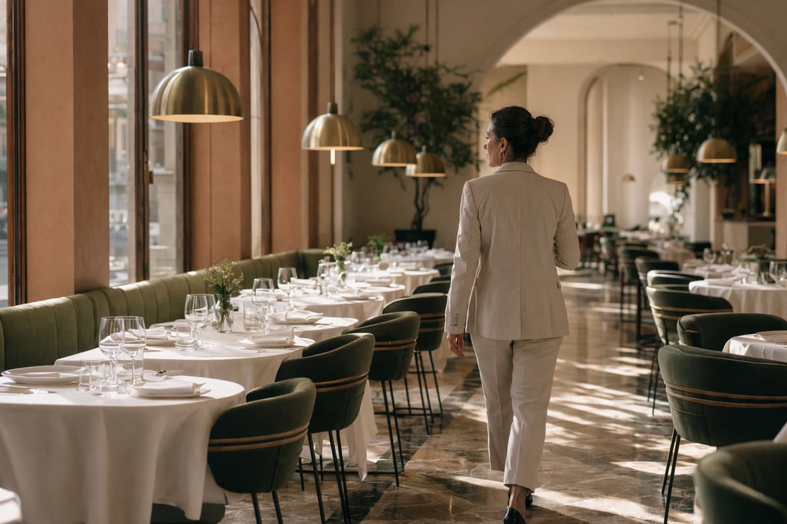 Il direttore di sala di un gruppo di ristoranti attraversa la sala elegante di una delle sedi durante il servizio
